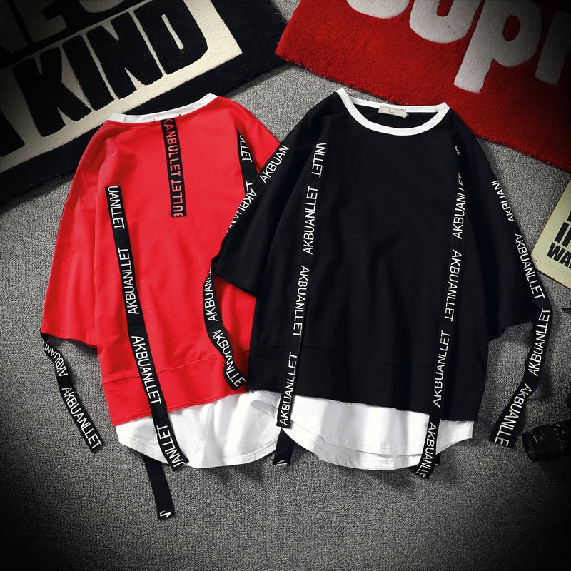 Black Solid Tag Band Letter T-shirt Tops Tees Male Fashion Casual Hip Hop Streetwear Short Sleeve Men Red Fake Two Pieces - Vimost Shop