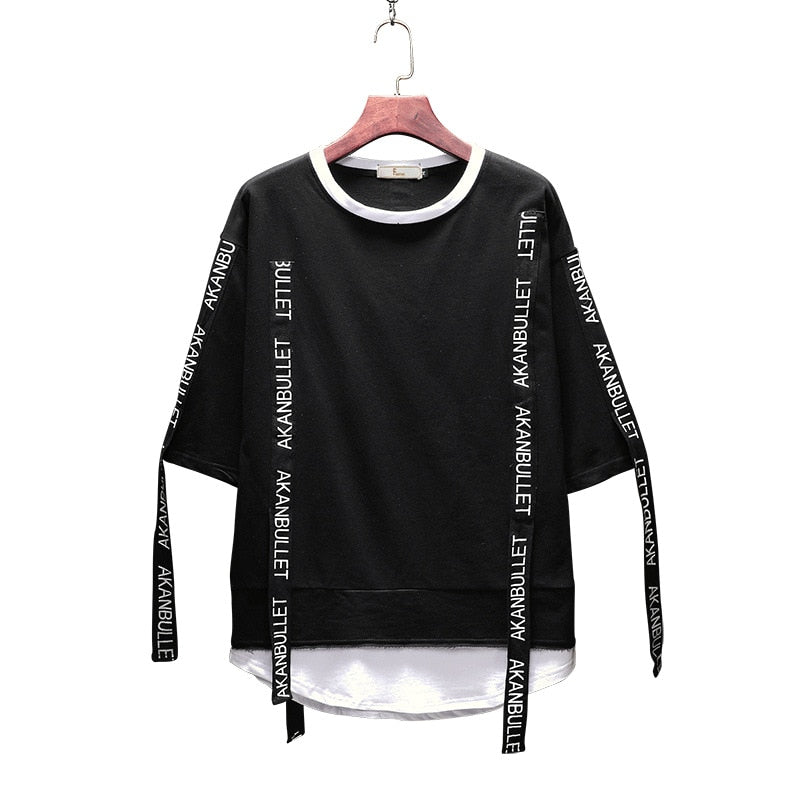 Black Solid Tag Band Letter T-shirt Tops Tees Male Fashion Casual Hip Hop Streetwear Short Sleeve Men Red Fake Two Pieces - Vimost Shop