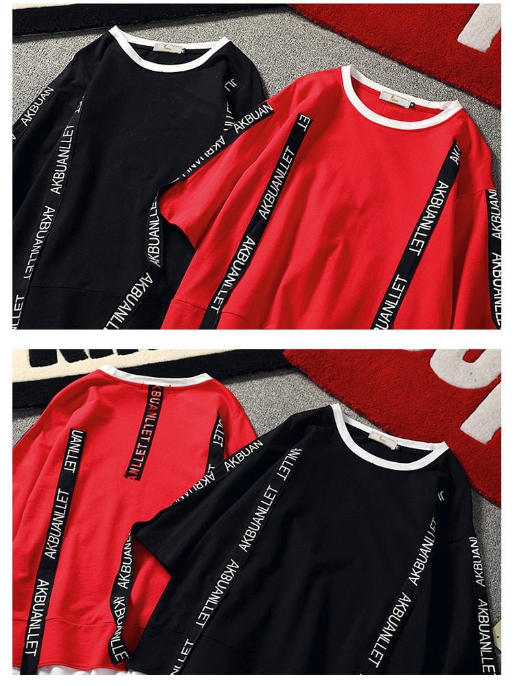 Black Solid Tag Band Letter T-shirt Tops Tees Male Fashion Casual Hip Hop Streetwear Short Sleeve Men Red Fake Two Pieces - Vimost Shop