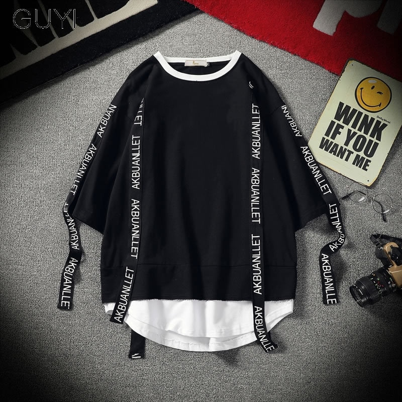 Black Solid Tag Band Letter T-shirt Tops Tees Male Fashion Casual Hip Hop Streetwear Short Sleeve Men Red Fake Two Pieces - Vimost Shop