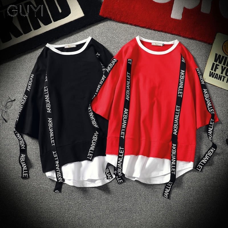 Black Solid Tag Band Letter T-shirt Tops Tees Male Fashion Casual Hip Hop Streetwear Short Sleeve Men Red Fake Two Pieces - Vimost Shop