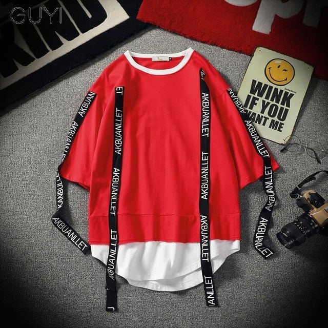 Black Solid Tag Band Letter T-shirt Tops Tees Male Fashion Casual Hip Hop Streetwear Short Sleeve Men Red Fake Two Pieces - Vimost Shop