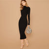 Black Stand Collar Ribbed Knit Bodycon Dress Women Autumn Solid Long Sleeve Office Ladies Form Fitted Pencil Long Dresses - Vimost Shop