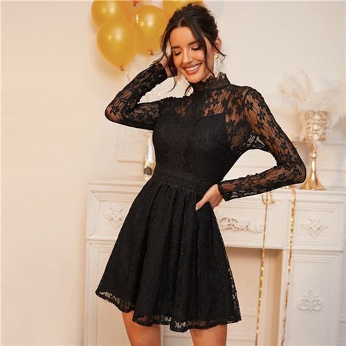 Black Stand Collar Sheer Lace Glamorous Overlay Dress Women Spring High Waist Long Sleeve Flared Ladies Party Dresses - Vimost Shop