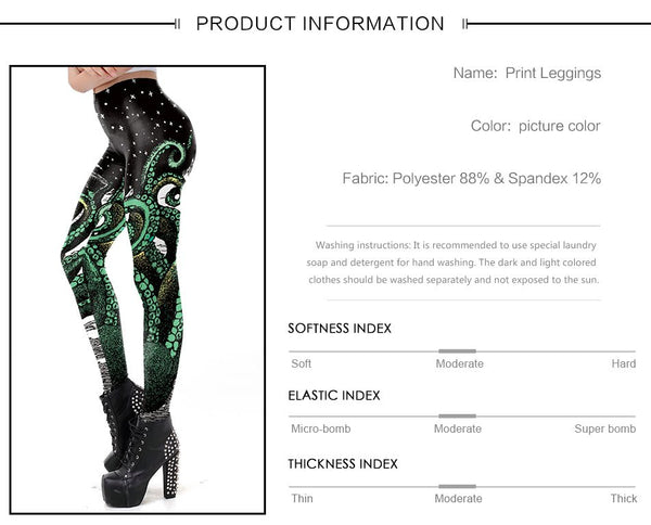 Black Starry Green Octopus Printed Gothic Style Leggings for Women Fantastic Elastic Waist Ankle Pants - Vimost Shop