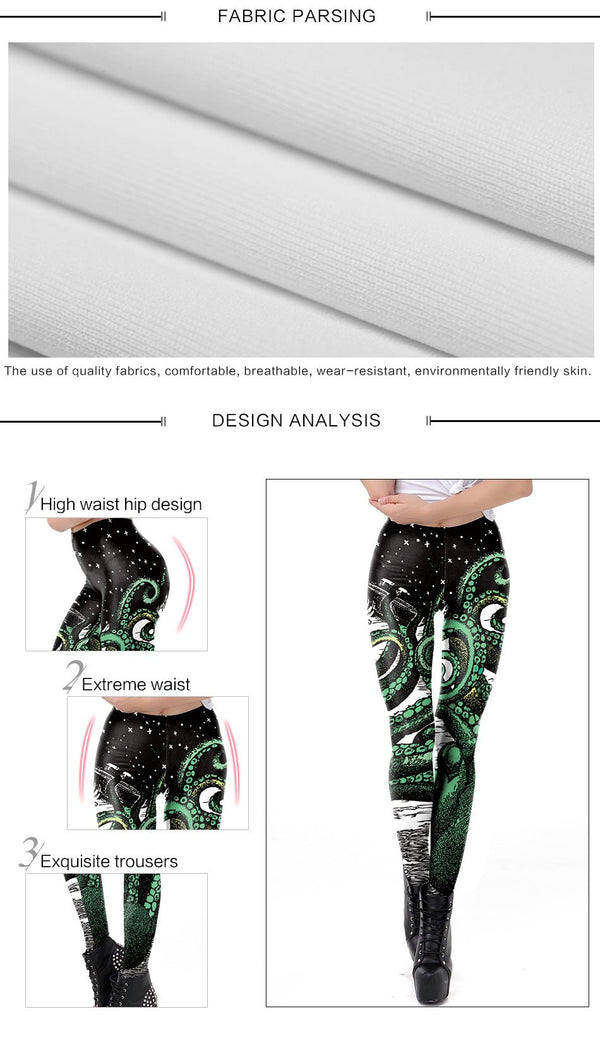 Black Starry Green Octopus Printed Gothic Style Leggings for Women Fantastic Elastic Waist Ankle Pants - Vimost Shop