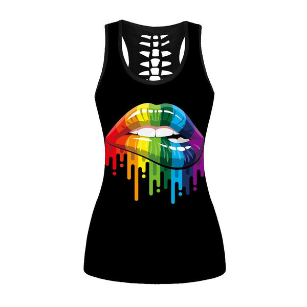 Black Streetwear Vest For Women Multicolor Lips Gothic Tank Tops Girls Hollow Sleeveless Top - Vimost Shop