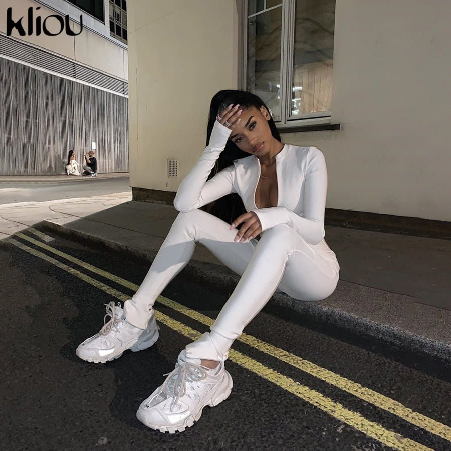 Black/white Sexy Bodycon tracksuit Jumpsuit Women fitness Romper Long Sleeve - Vimost Shop