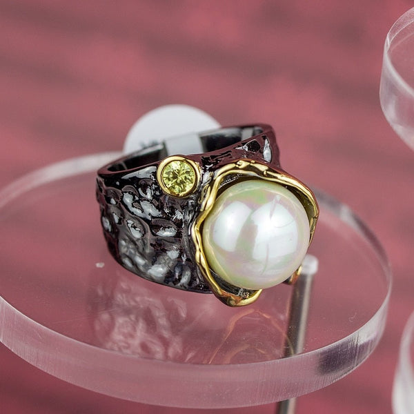 Blooming Hot Design Pearl Rings for Women Creative-Wedding-Engagement Gothic Jewelry Black Gold Color - Vimost Shop