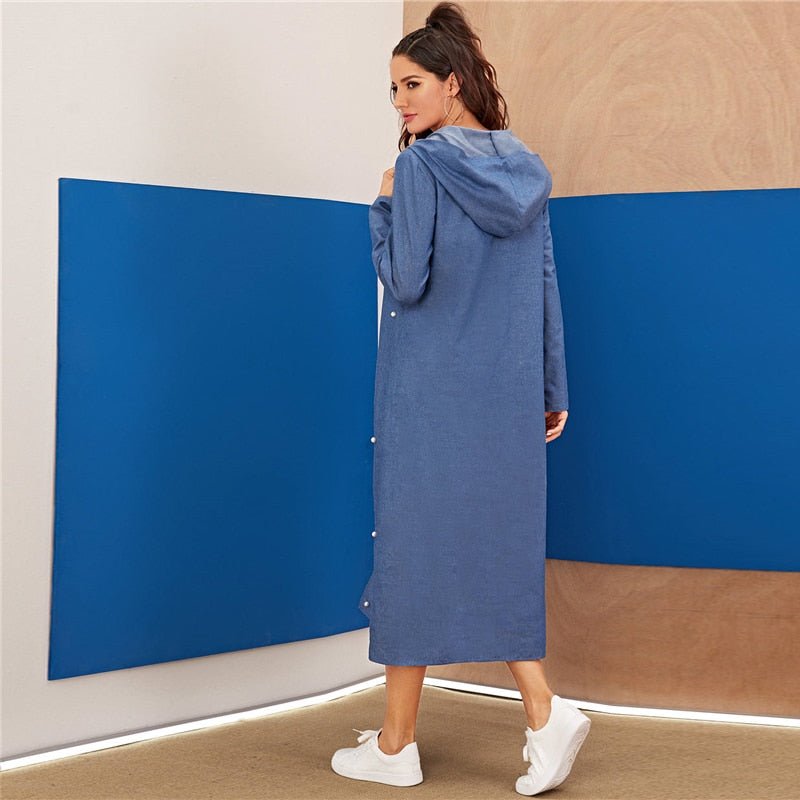 Blue Abaya Pearls Beaded Split Hem Denim Hoodie Dress Women Autumn Long Sleeve Solid Loose Casual Long Dresses - Vimost Shop