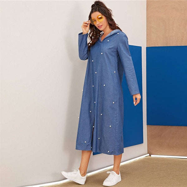 Blue Abaya Pearls Beaded Split Hem Denim Hoodie Dress Women Autumn Long Sleeve Solid Loose Casual Long Dresses - Vimost Shop