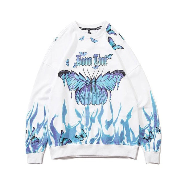 Blue Flame Butterfly Print Sweatshirt Streetwear Harajuku Pullover Autumn Black Sweat Shirt Hoodie Hip Hop Men Clothing - Vimost Shop