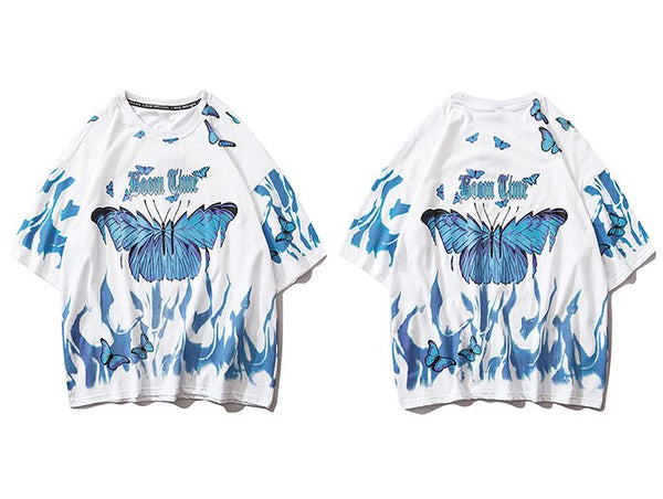 Blue Flame Butterfly Printed T Shirt Men Harajuku Streetwear Short Sleeve Casual Cotton Crew Neck Tees Shirt - Vimost Shop