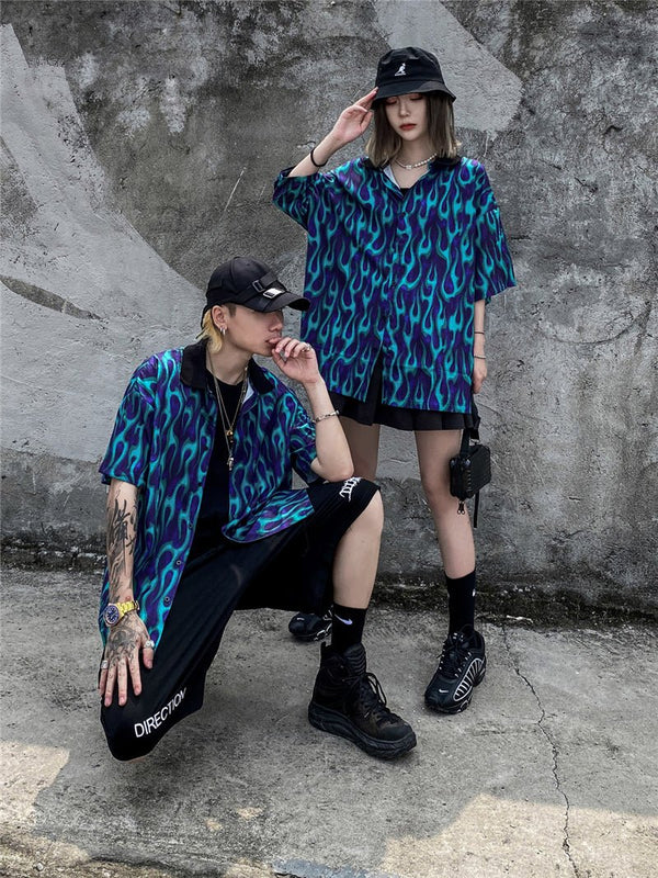 Blue Flame Print Harajuku Shirt Mens Hip Hop Streetwear Hawaiian Shirt Fashion Oversized Short Sleeve Korean Tops - Vimost Shop