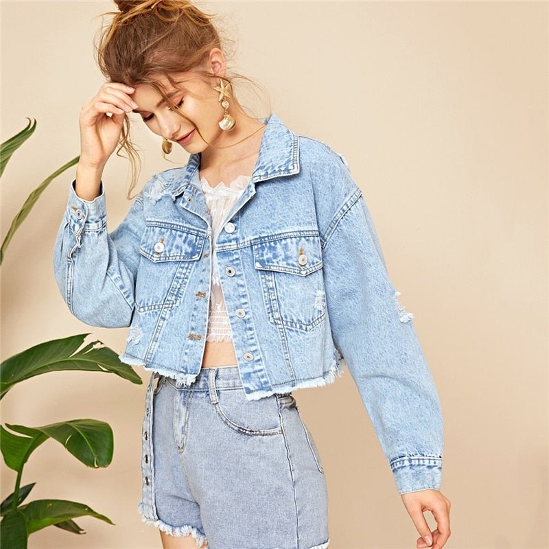 Blue Ripped Frayed Edge Flakes Crop Denim Jeans Jacket Single Breasted Casual Outwear Coat Jackets - Vimost Shop