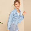 Blue Ripped Frayed Edge Flakes Crop Denim Jeans Jacket Single Breasted Casual Outwear Coat Jackets - Vimost Shop