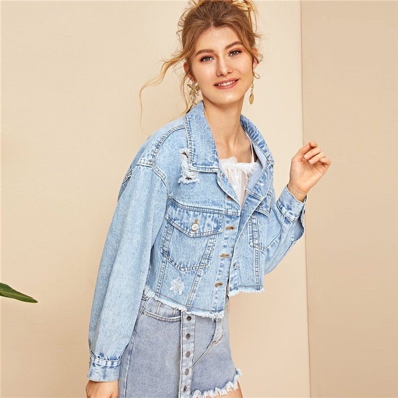 Blue Ripped Frayed Edge Flakes Crop Denim Jeans Jacket Single Breasted Casual Outwear Coat Jackets - Vimost Shop