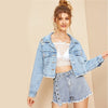 Blue Ripped Frayed Edge Flakes Crop Denim Jeans Jacket Single Breasted Casual Outwear Coat Jackets - Vimost Shop