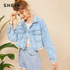 Blue Ripped Frayed Edge Flakes Crop Denim Jeans Jacket Single Breasted Casual Outwear Coat Jackets - Vimost Shop