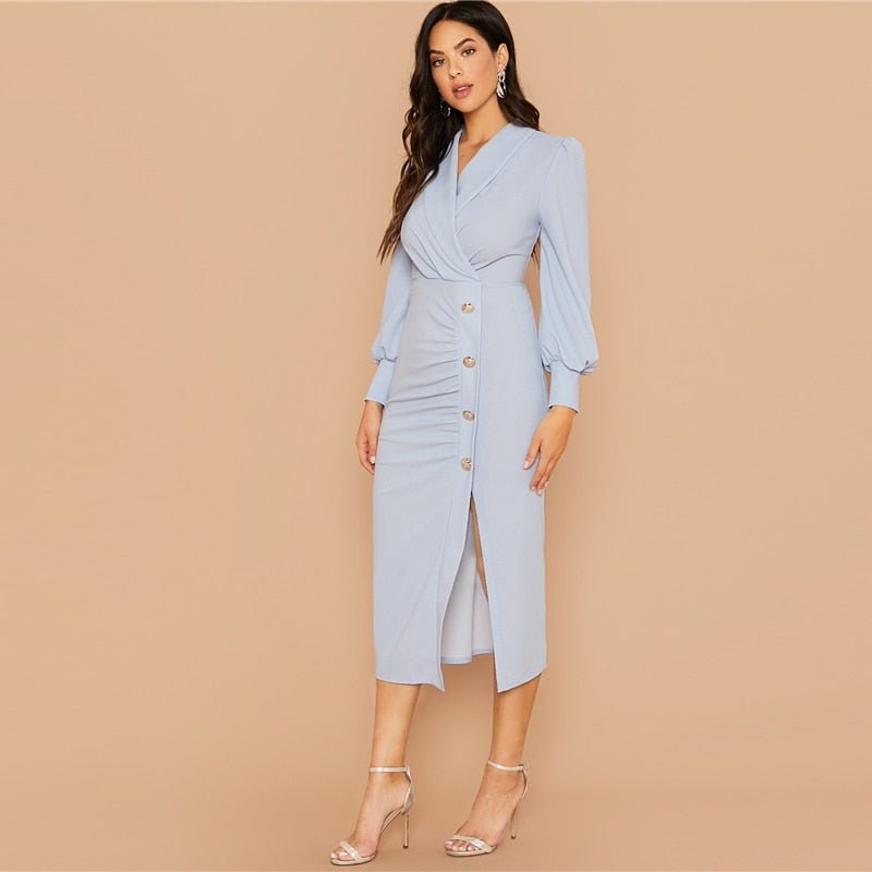 Blue Shawl Collar Lantern Sleeve Button Front Split Hem Elegant Dress Women Autumn High Waist Midi Pencil Dresses - Vimost Shop