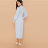 Blue Shawl Collar Lantern Sleeve Button Front Split Hem Elegant Dress Women Autumn High Waist Midi Pencil Dresses - Vimost Shop