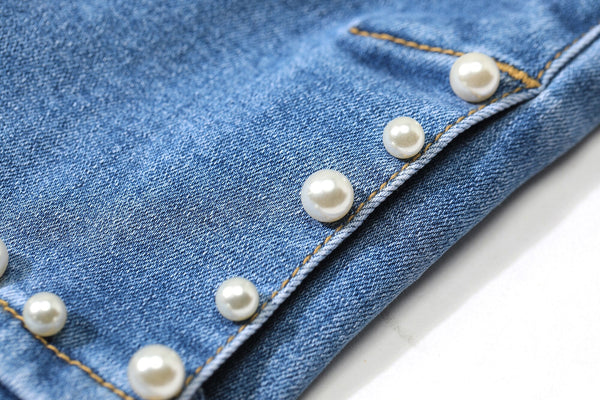 Blue Solid High Waist Washed Casual Flare Jeans Women,Spring Pure Pearls Hem Minimalist Ladies Basic Daily Trousers - Vimost Shop