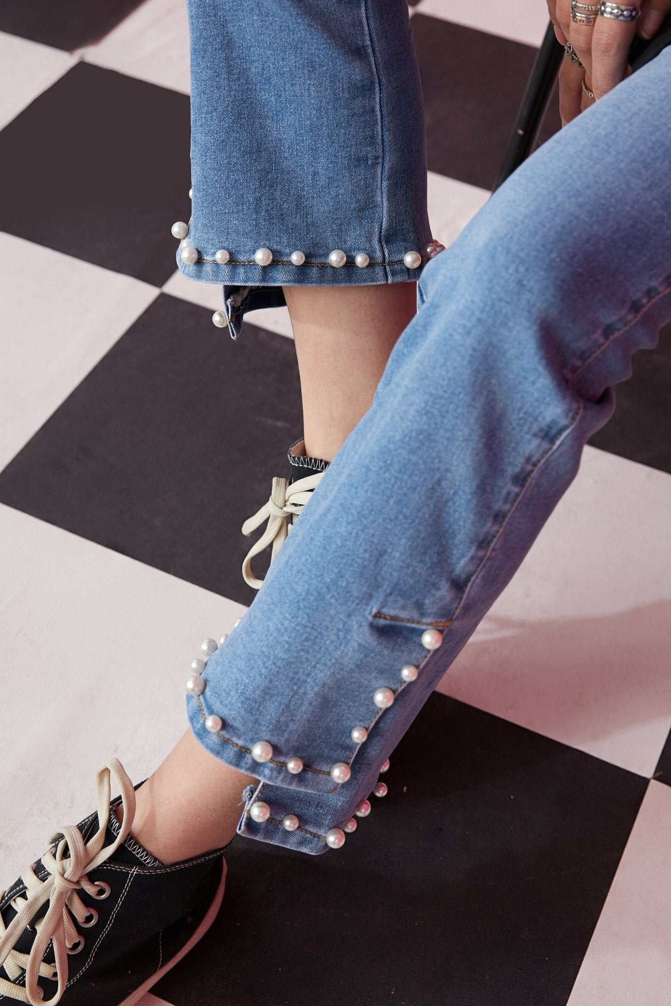 Blue Solid High Waist Washed Casual Flare Jeans Women,Spring Pure Pearls Hem Minimalist Ladies Basic Daily Trousers - Vimost Shop