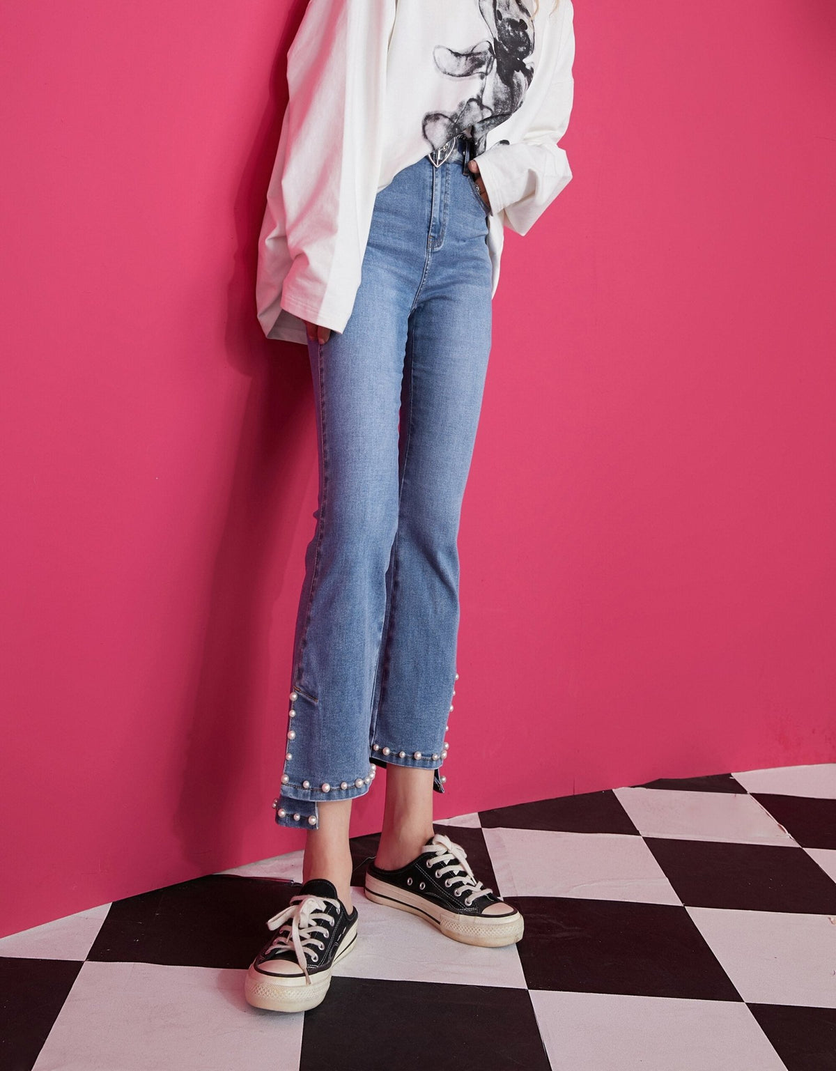 Blue Solid High Waist Washed Casual Flare Jeans Women,Spring Pure Pearls Hem Minimalist Ladies Basic Daily Trousers - Vimost Shop