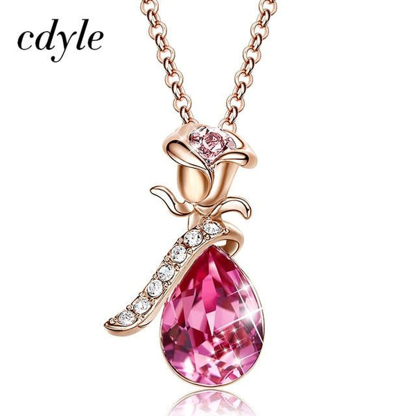 Boho Jewelry Gold Necklace Chain Pink Crystal Rose Flower Pendant Necklace with Zircon for Female Wedding Anniversary Gift - Vimost Shop