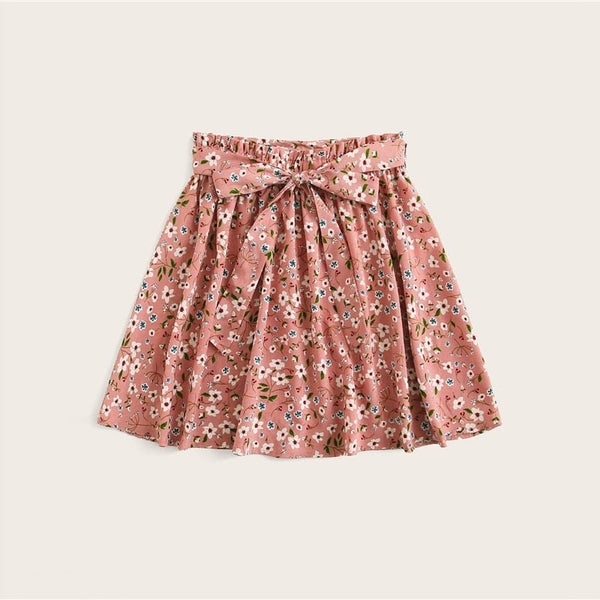 Boho Navy Ditsy Floral Print Paperbag Waist Belted Flared Skirts Frilled Pleated Mini Skirt - Vimost Shop