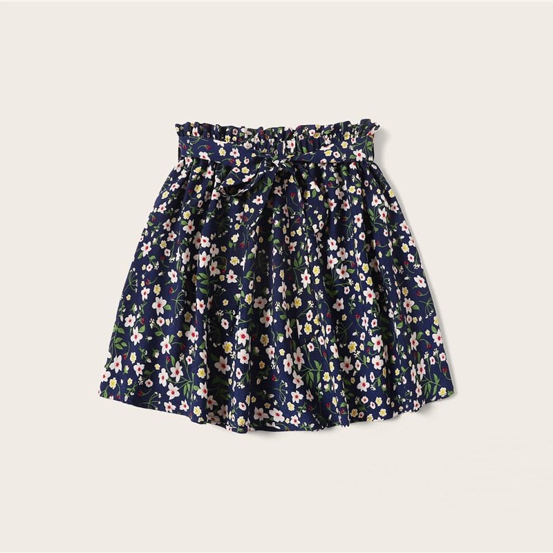 Boho Navy Ditsy Floral Print Paperbag Waist Belted Flared Skirts Frilled Pleated Mini Skirt - Vimost Shop