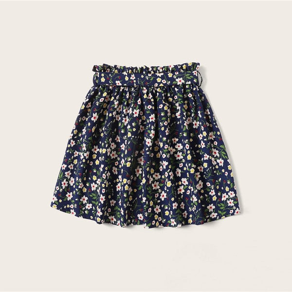 Boho Navy Ditsy Floral Print Paperbag Waist Belted Flared Skirts Frilled Pleated Mini Skirt - Vimost Shop