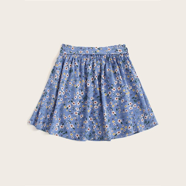 Boho Navy Ditsy Floral Print Paperbag Waist Belted Flared Skirts Frilled Pleated Mini Skirt - Vimost Shop