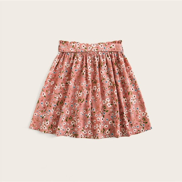 Boho Navy Ditsy Floral Print Paperbag Waist Belted Flared Skirts Frilled Pleated Mini Skirt - Vimost Shop