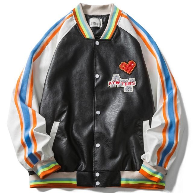 Bomber Jacket Men Colorful Striped Patchwork Heart Letter Patch Hip Hop College Style Baseball Coats Autumn Streetwear - Vimost Shop