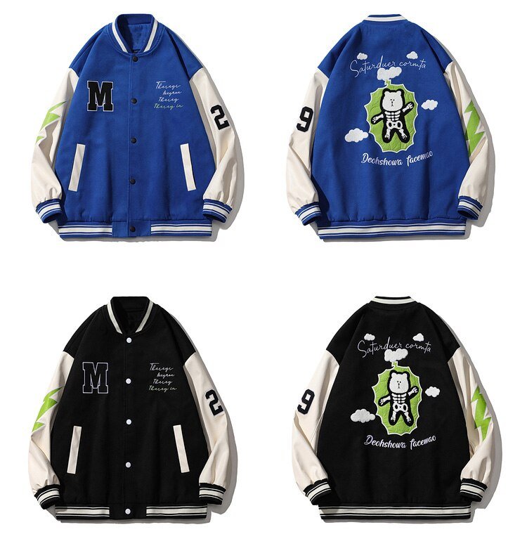 Bomber Jacket Men Furry Big Letter Bear Skeleton Patchwork Baseball Coat Couple Oversized Cozy College Style Streetwear - Vimost Shop