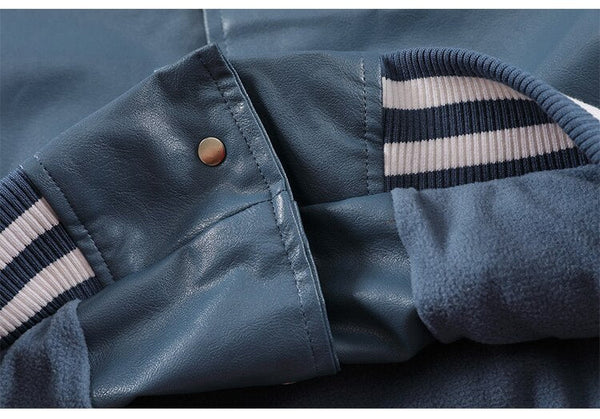 Bomber Jacket Men Furry Letter Cute Bear Leather Baseball Coat Windproof Fleece Soft Cozy Warm College Style Streetwear - Vimost Shop