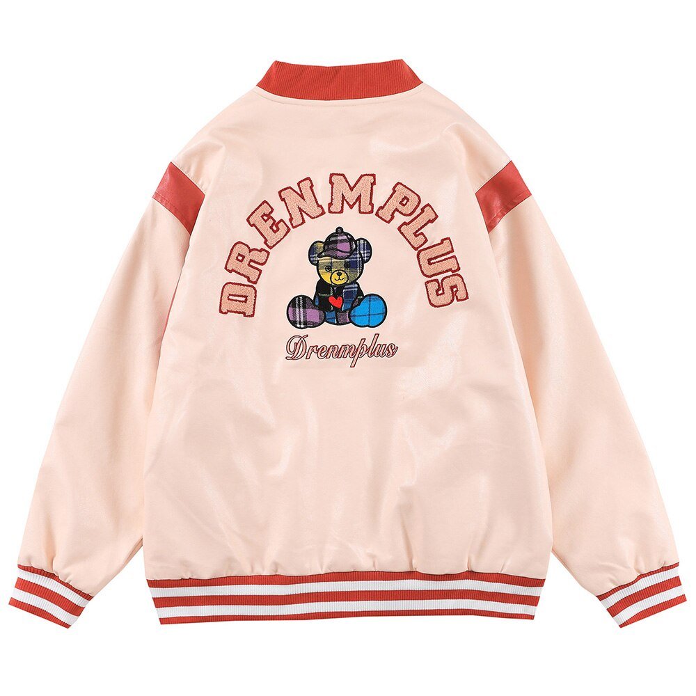 Bomber Jacket Men Furry Letter Cute Bear Leather Baseball Coat Windproof Fleece Soft Cozy Warm College Style Streetwear - Vimost Shop