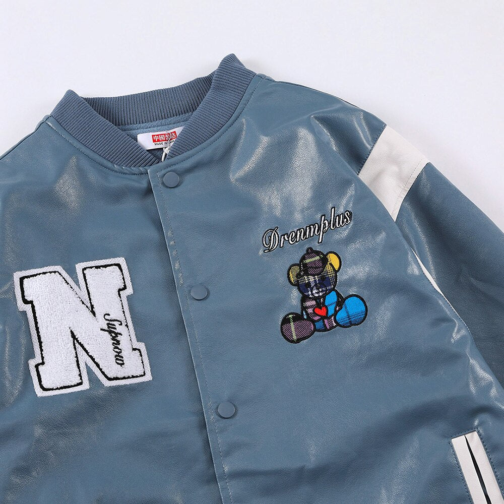 Bomber Jacket Men Furry Letter Cute Bear Leather Baseball Coat Windproof Fleece Soft Cozy Warm College Style Streetwear - Vimost Shop