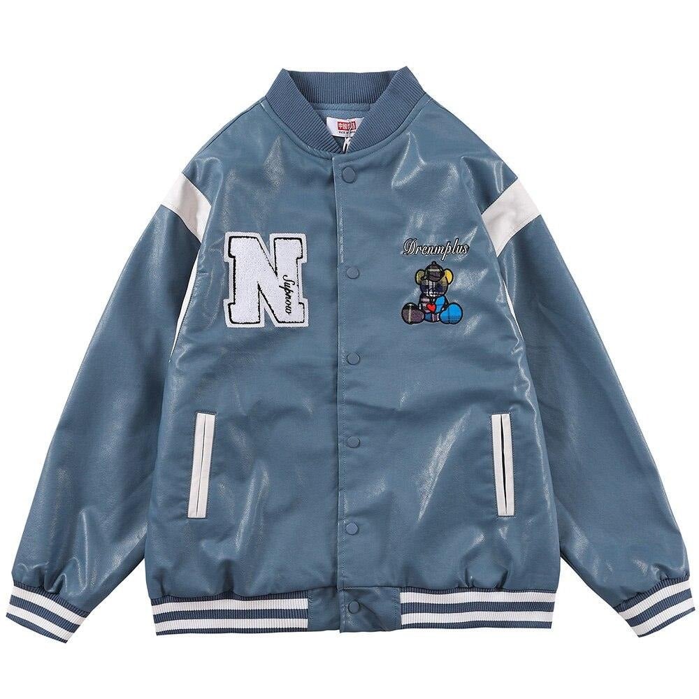 Bomber Jacket Men Furry Letter Cute Bear Leather Baseball Coat Windproof Fleece Soft Cozy Warm College Style Streetwear - Vimost Shop