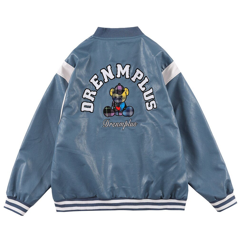 Bomber Jacket Men Furry Letter Cute Bear Leather Baseball Coat Windproof Fleece Soft Cozy Warm College Style Streetwear - Vimost Shop