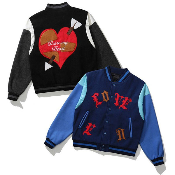 Bomber Jacket Men Letter Embroidery Heart-shaped Patch Patchwork Baseball Coat Retro Hip Hop Fashion Varsity Jacket Men - Vimost Shop