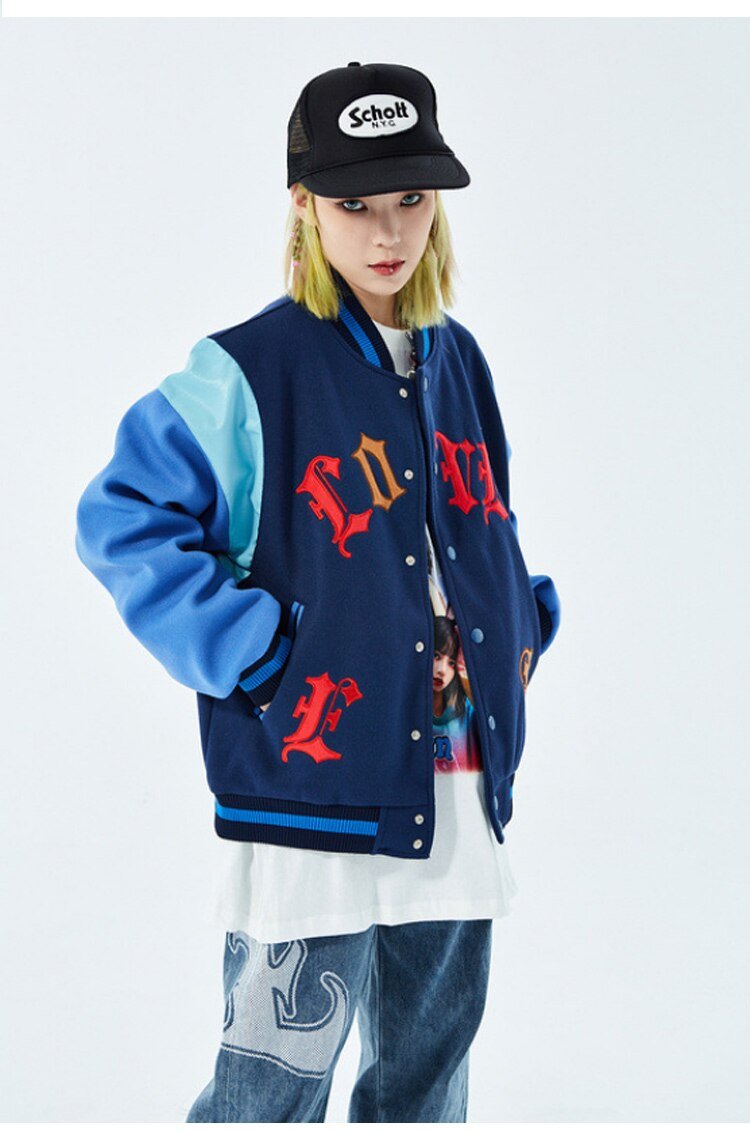 Bomber Jacket Men Letter Embroidery Heart-shaped Patch Patchwork Baseball Coat Retro Hip Hop Fashion Varsity Jacket Men - Vimost Shop