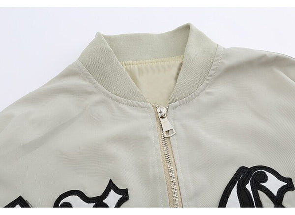 Bomber Jacket Men Punk Letter Patch Pleated Cargo Coats Autumn Simple High Street Vintage Baggy Baseball Outwear Couple - Vimost Shop