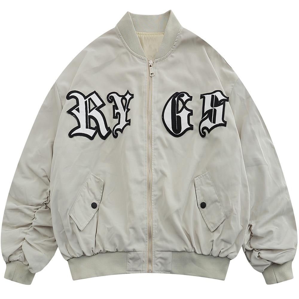 Bomber Jacket Men Punk Letter Patch Pleated Cargo Coats Autumn Simple High Street Vintage Baggy Baseball Outwear Couple - Vimost Shop