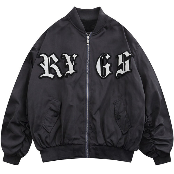Bomber Jacket Men Punk Letter Patch Pleated Cargo Coats Autumn Simple High Street Vintage Baggy Baseball Outwear Couple - Vimost Shop