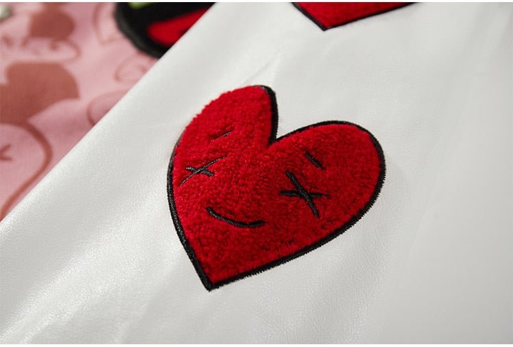 Bomber Jackets Men Furry Heart-shaped Patch Leather Patchwork Baseball Coats Vintage Varsity Fashion Streetwear Couple - Vimost Shop