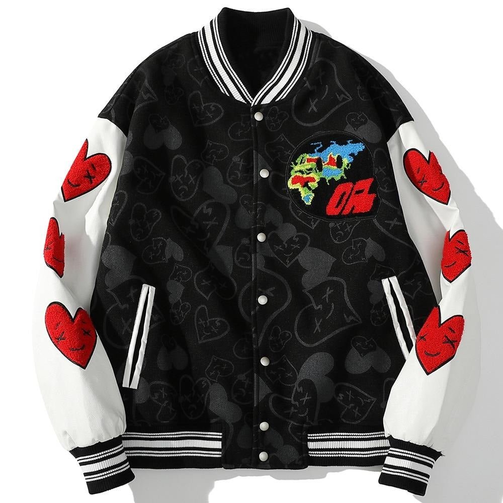 Bomber Jackets Men Furry Heart-shaped Patch Leather Patchwork Baseball Coats Vintage Varsity Fashion Streetwear Couple - Vimost Shop