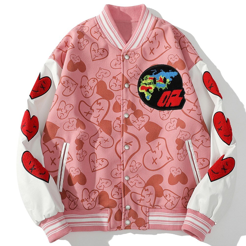 Bomber Jackets Men Furry Heart-shaped Patch Leather Patchwork Baseball Coats Vintage Varsity Fashion Streetwear Couple - Vimost Shop
