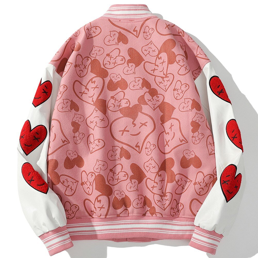 Bomber Jackets Men Furry Heart-shaped Patch Leather Patchwork Baseball Coats Vintage Varsity Fashion Streetwear Couple - Vimost Shop
